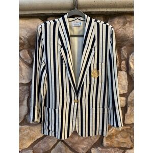 Danielle B Blazer Stripped Medium Navy White Gold Embroidered Crest  Vintage 80s